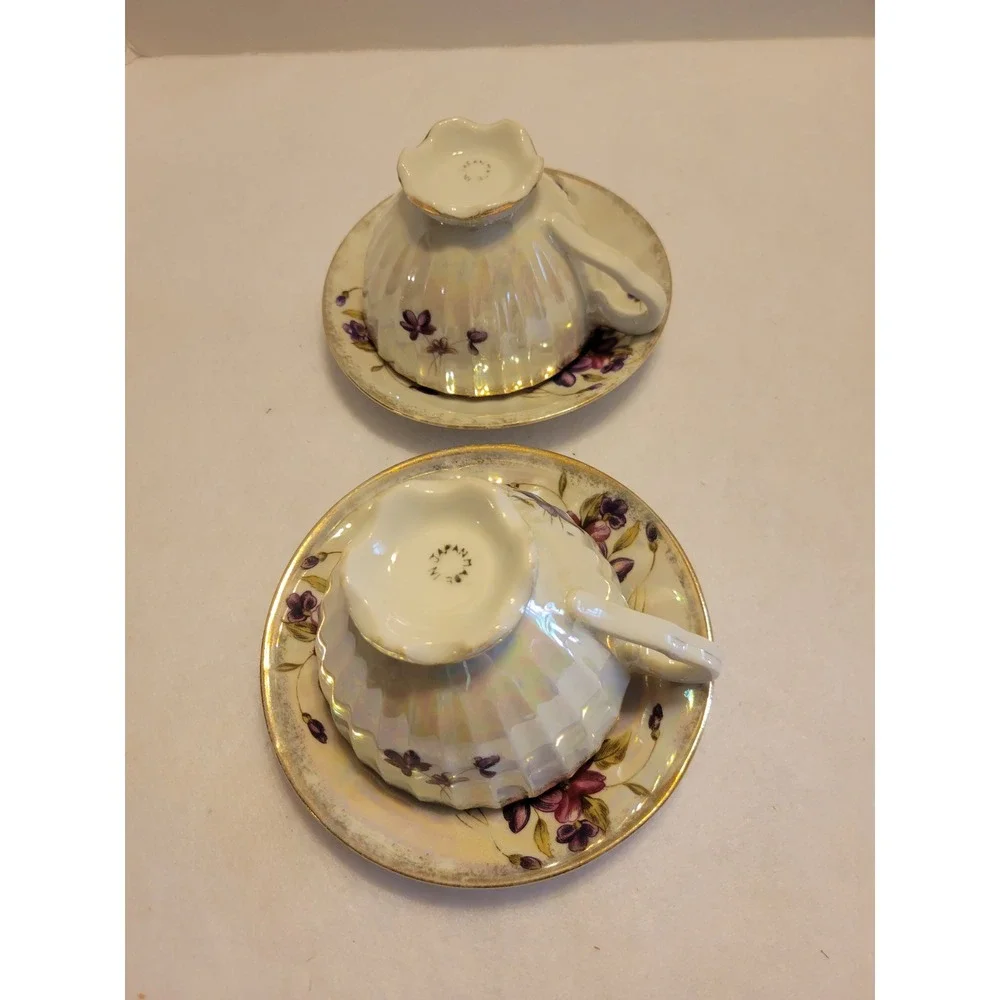 Vtg‎ Lusterware Tea Cup Saucer Set Purple Floral Gold Trim Porcelain Japan 2pc
